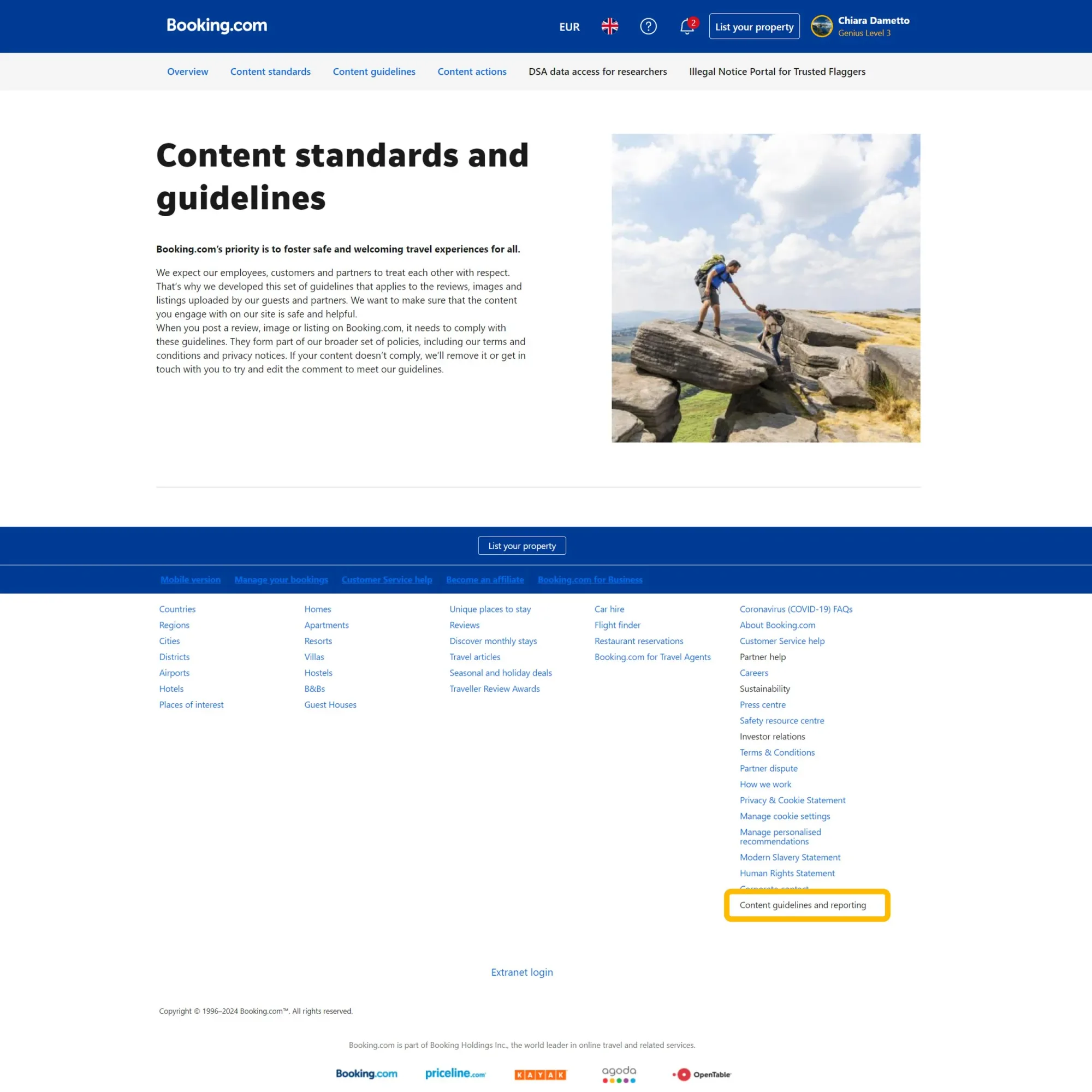 The Booking.com 'Content standards and guidelines' page before the redesign: a six-link top navigation bar and a single column of unbroken policy text, with the 'Content guidelines and reporting' entry highlighted far down in the footer.