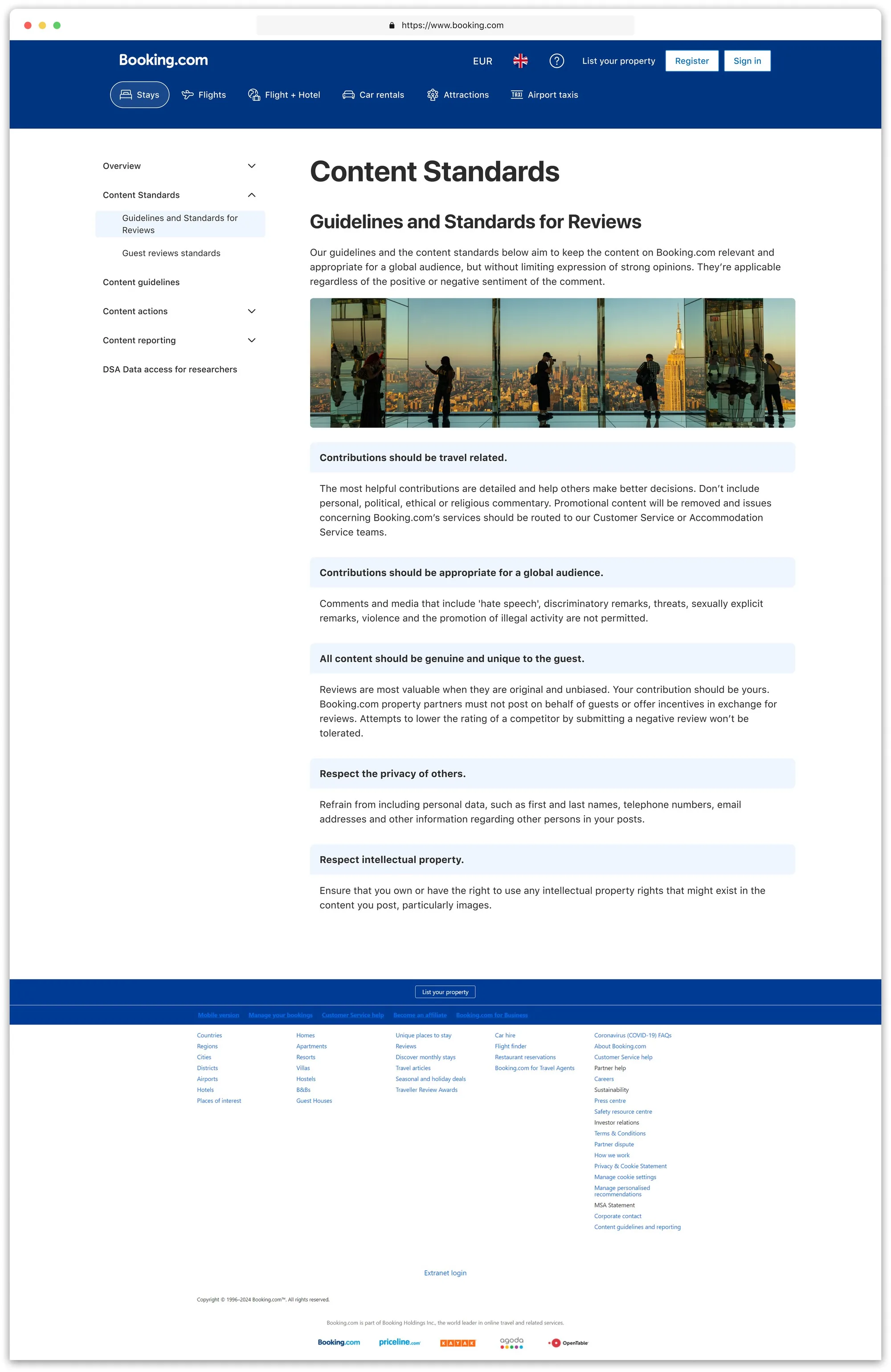 The redesigned “Guidelines and Standards for Reviews” page under Content standards, with its five highlighted standards, on desktop with the expandable side menu.