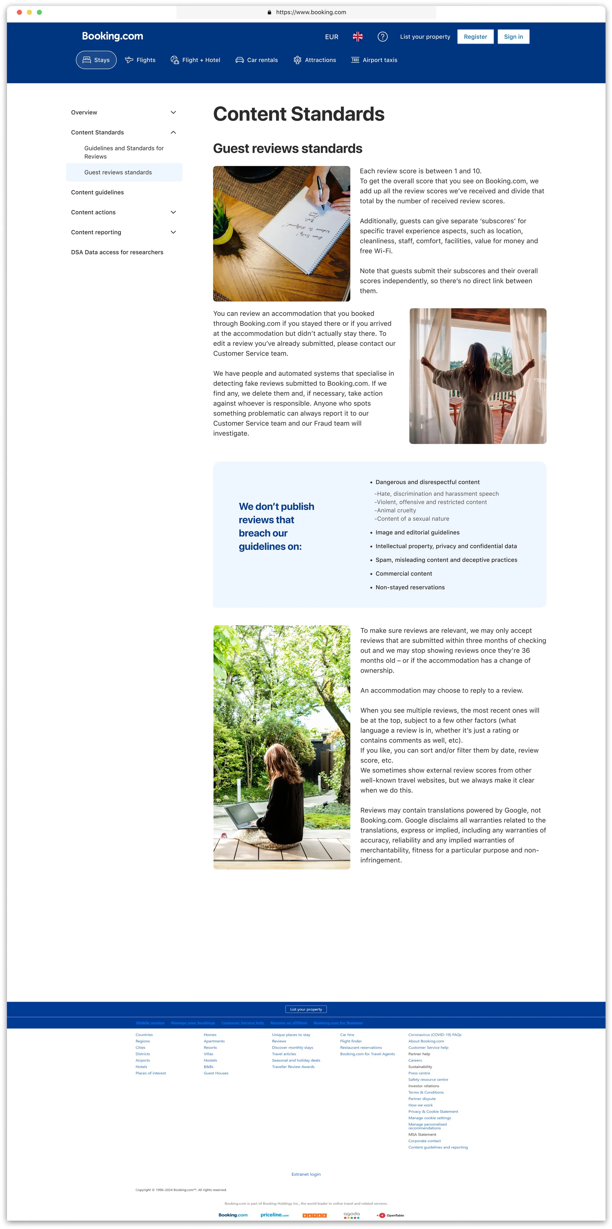 The redesigned “Guest reviews standards” page under Content standards, with the scoring explanation and the “We don’t publish reviews that breach our guidelines on” panel, on desktop with the expandable side menu.