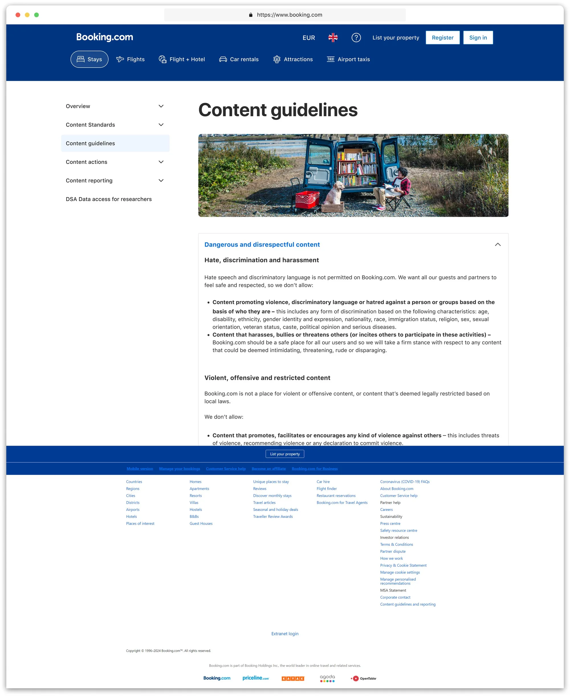 The redesigned “Content guidelines” page, with the “Dangerous and disrespectful content” accordion expanded, on desktop with the expandable side menu.