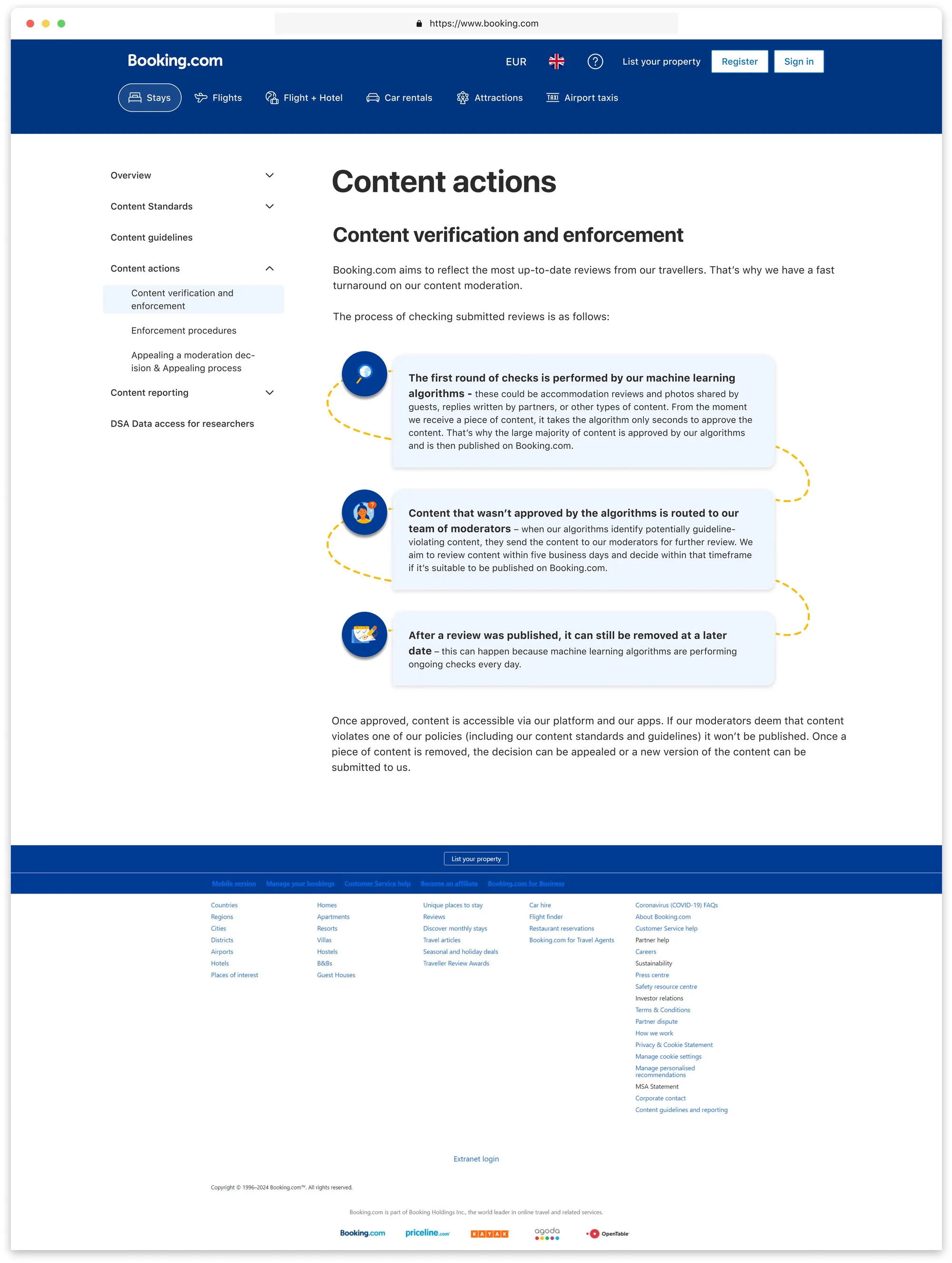 The redesigned “Content verification and enforcement” page under Content actions, with its three-step moderation flow, on desktop with the expandable side menu.
