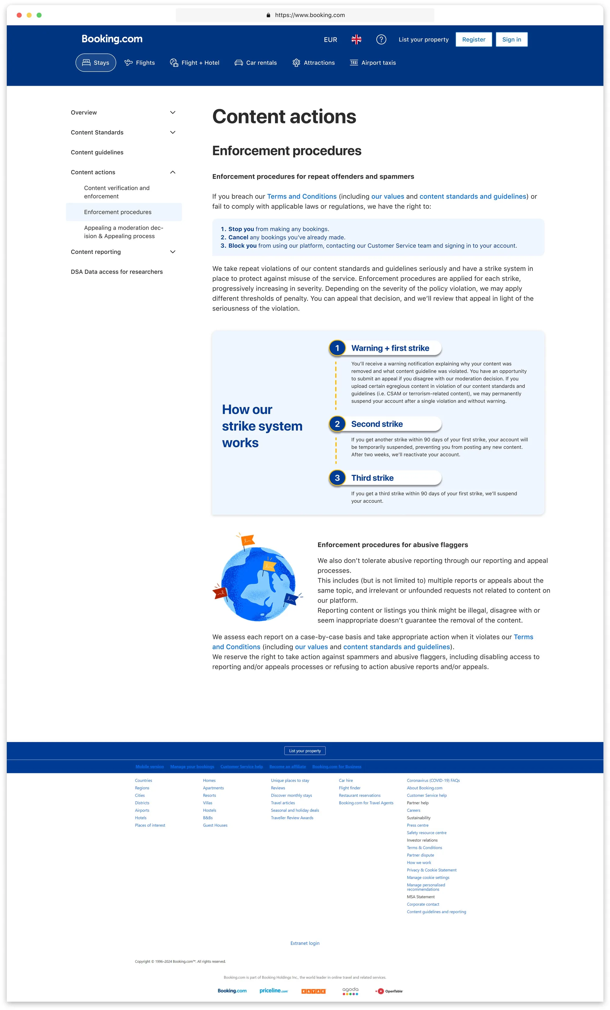 The redesigned “Enforcement procedures” page under Content actions, with the “How our strike system works” panel, on desktop with the expandable side menu.