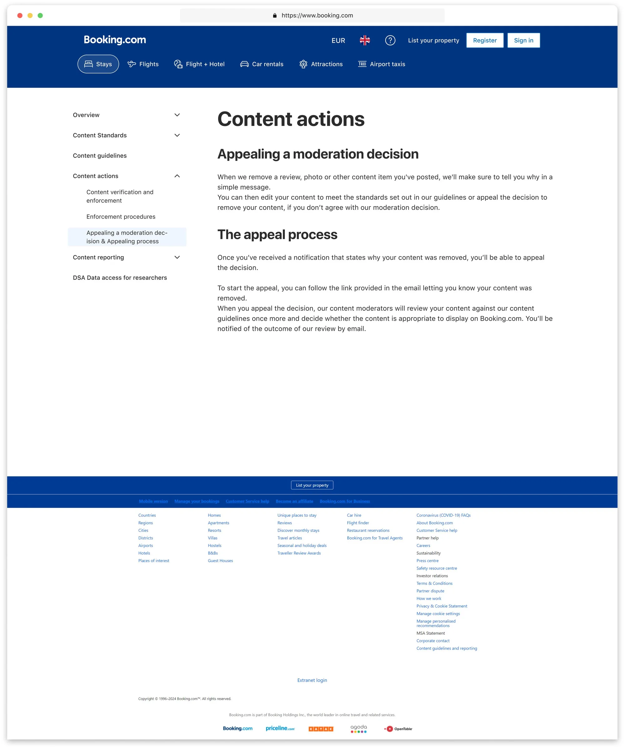 The redesigned “Appealing a moderation decision” page under Content actions, on desktop with the expandable side menu.