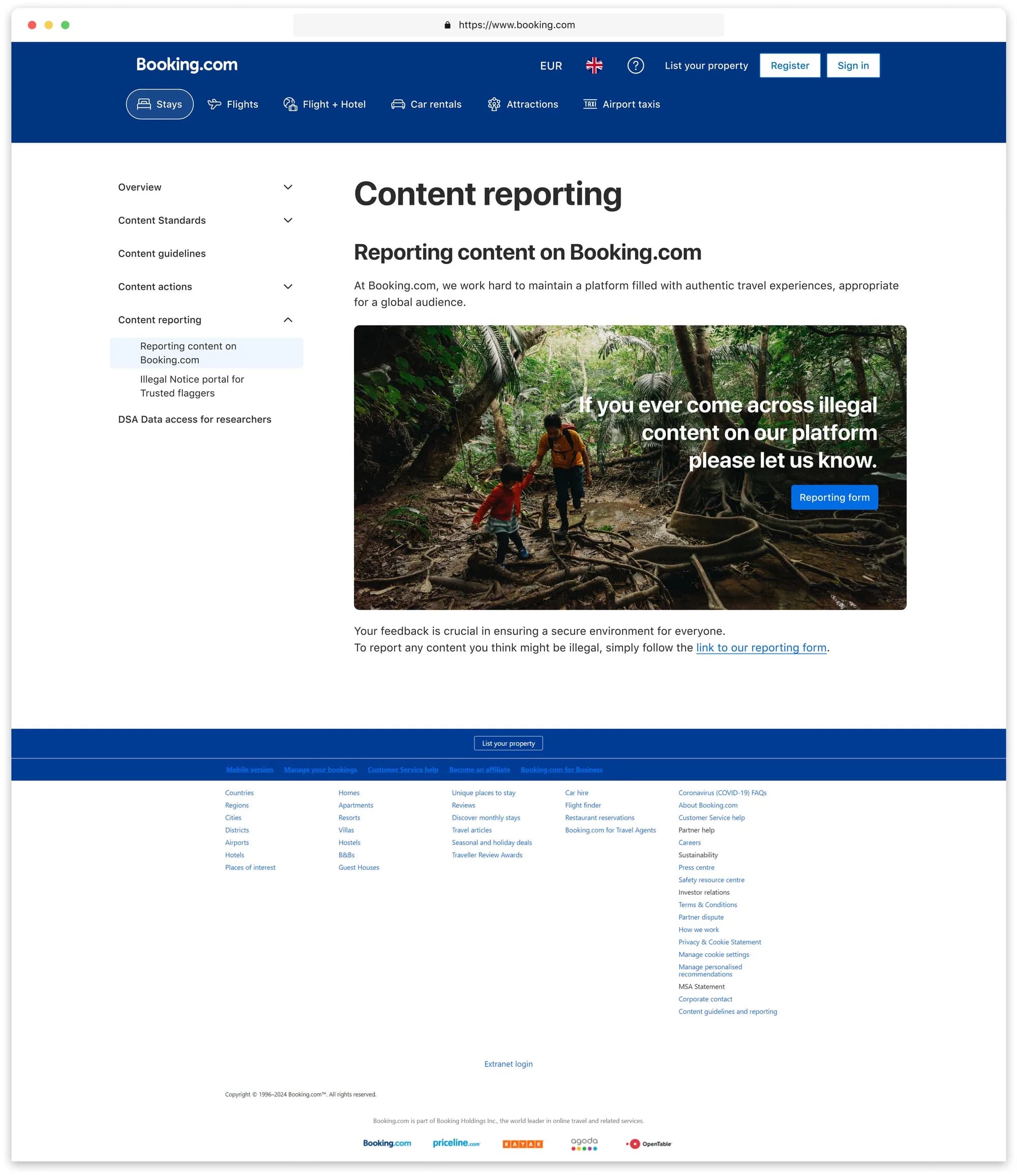 The redesigned “Reporting content on Booking.com” page under Content reporting, with its reporting-form call to action, on desktop with the expandable side menu.