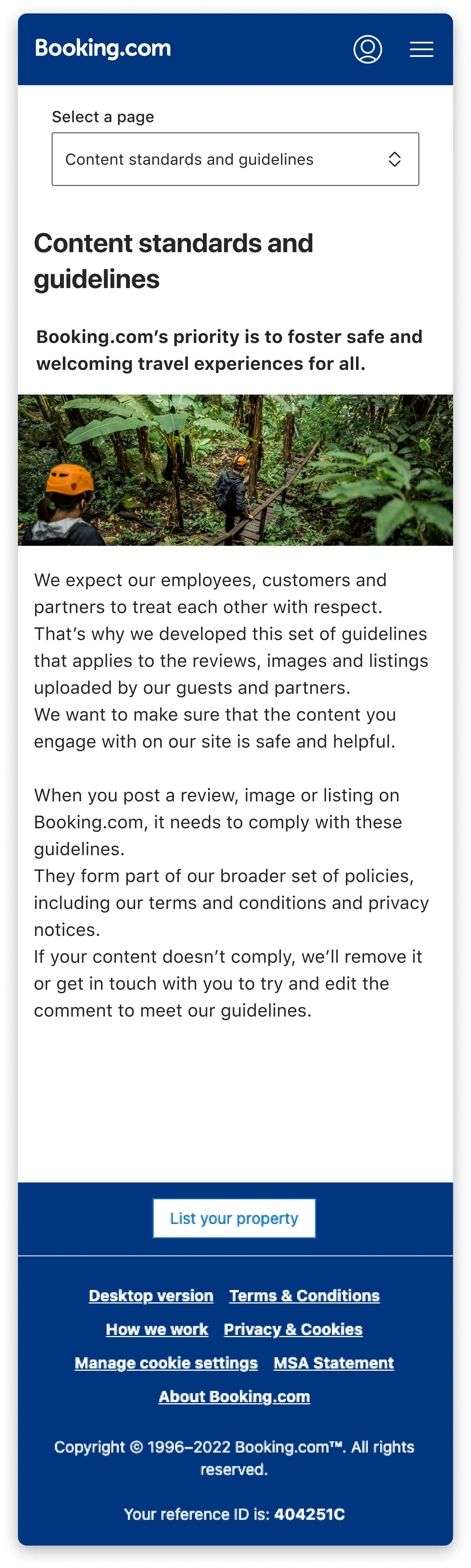 The redesigned Overview page, “Content standards and guidelines”, with its intro copy and jungle hero photo, on mobile web with the “Select a page” dropdown.