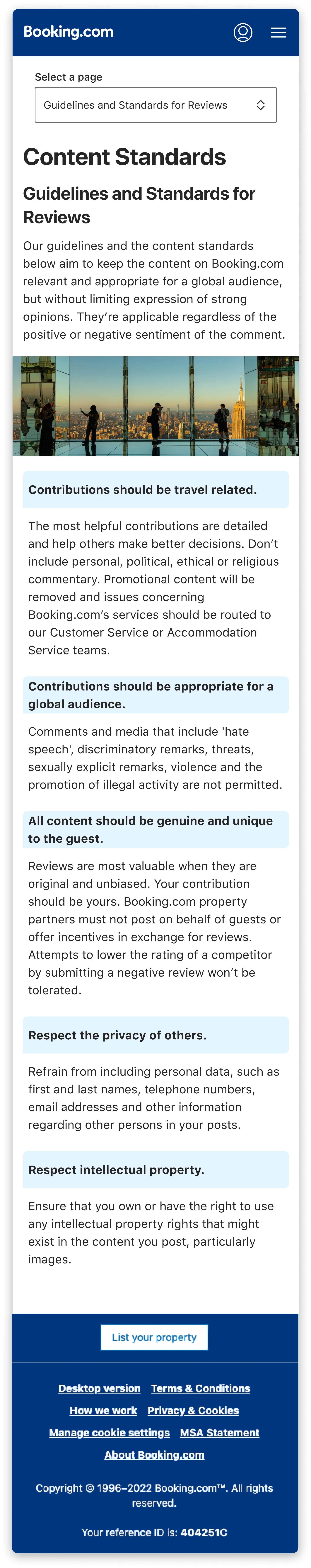 The redesigned “Guidelines and Standards for Reviews” page under Content standards, with its five highlighted standards, on mobile web with the “Select a page” dropdown.