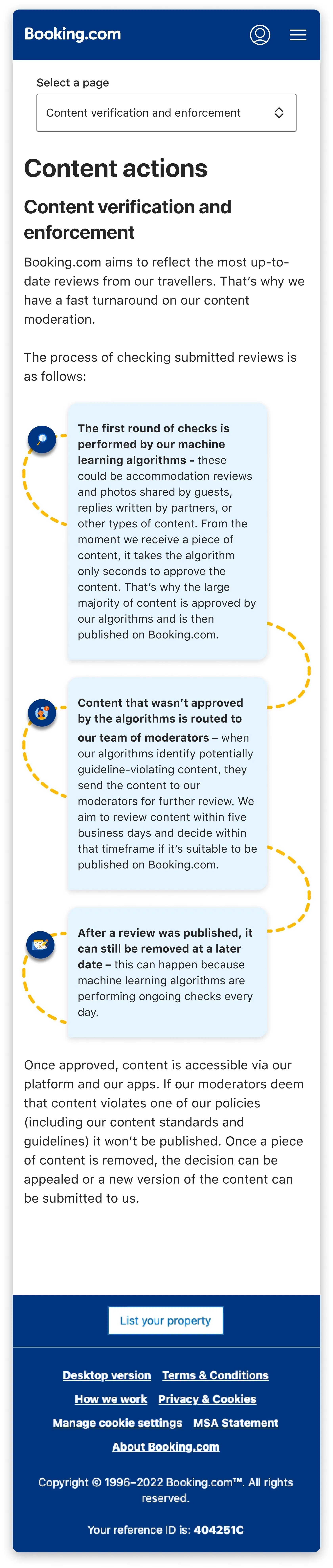 The redesigned “Content verification and enforcement” page under Content actions, with its three-step moderation flow, on mobile web with the “Select a page” dropdown.