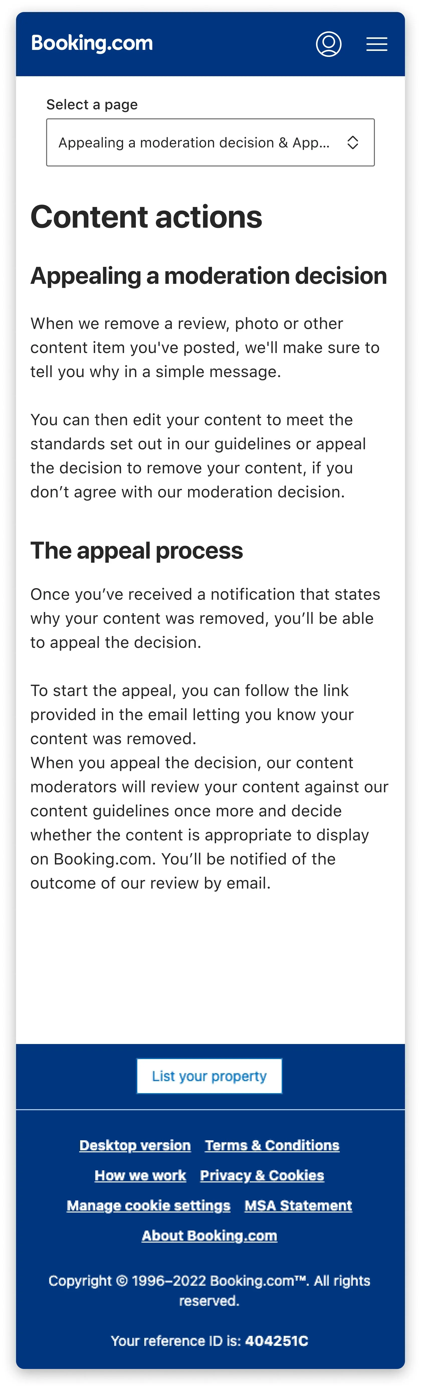 The redesigned “Appealing a moderation decision” page under Content actions, on mobile web with the “Select a page” dropdown.
