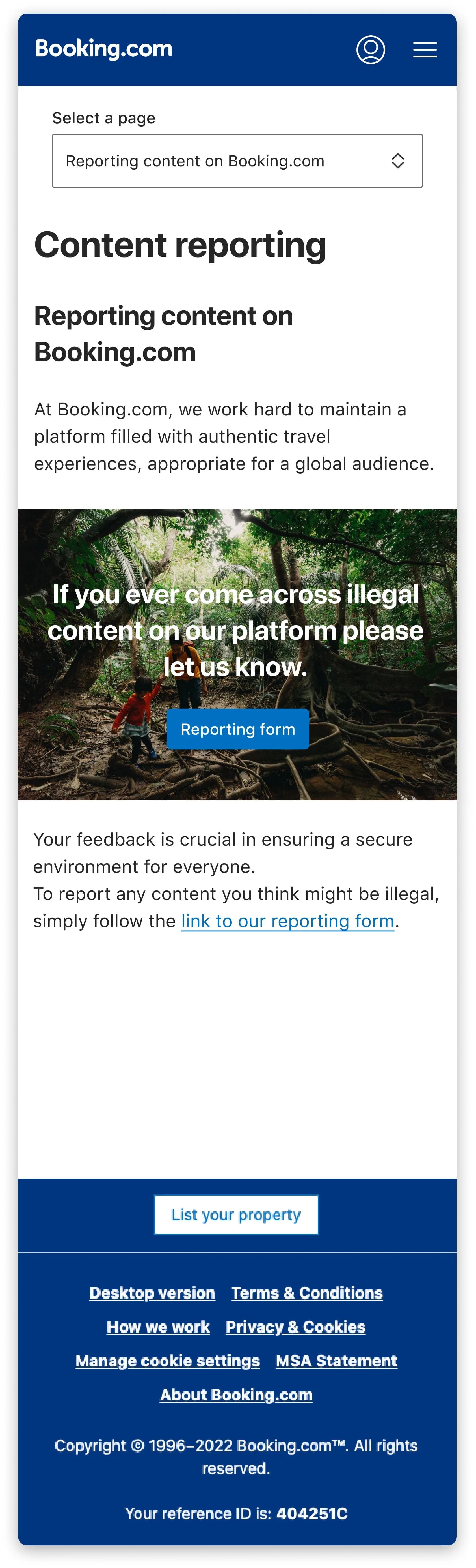 The redesigned “Reporting content on Booking.com” page under Content reporting, with its reporting-form call to action, on mobile web with the “Select a page” dropdown.