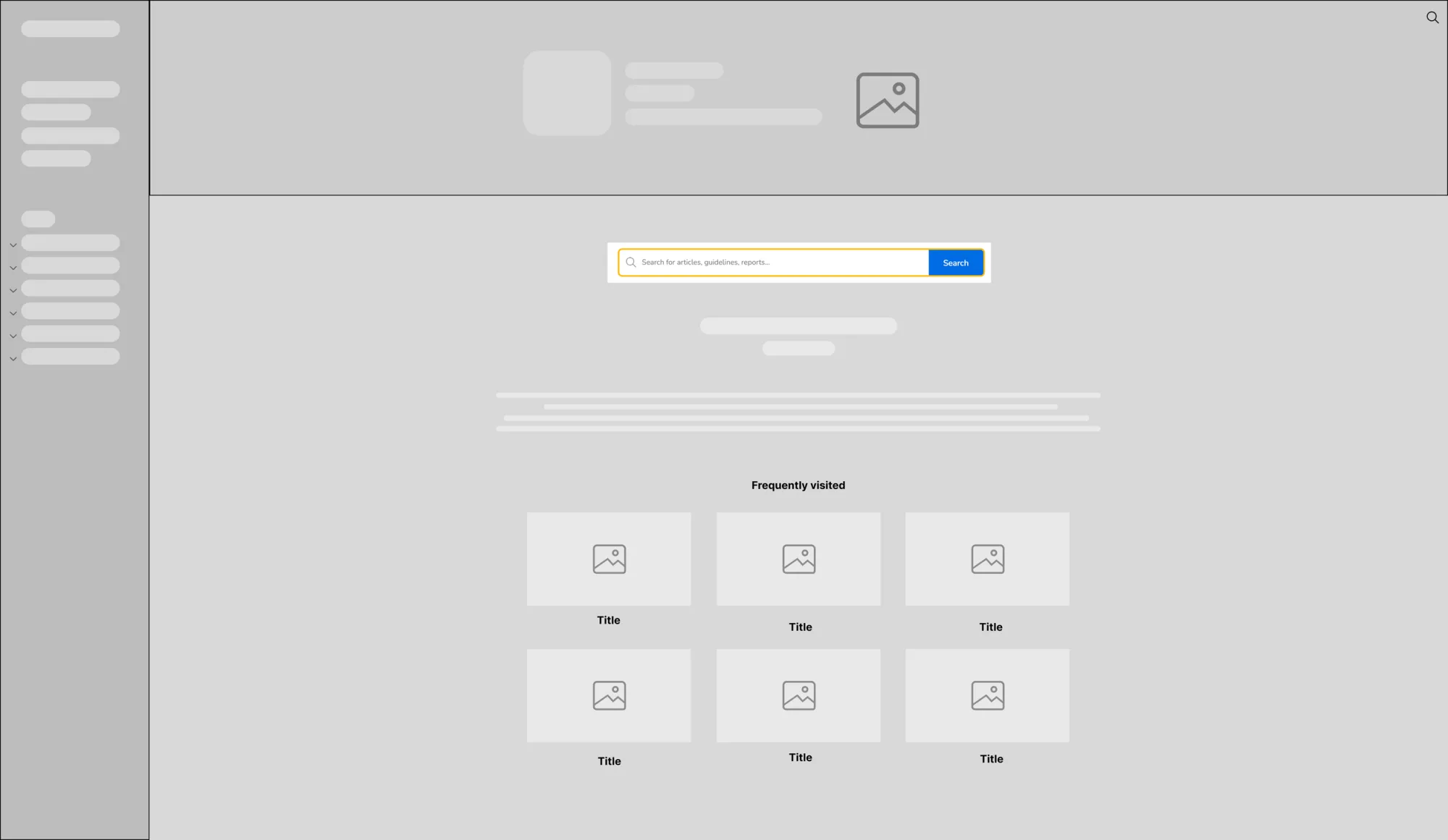 Wireframe of the redesigned knowledge-base home page: a collapsible left sidebar, a prominent search field reading 'Search for articles, guidelines, reports…', and a 'Frequently visited' grid of six cards.