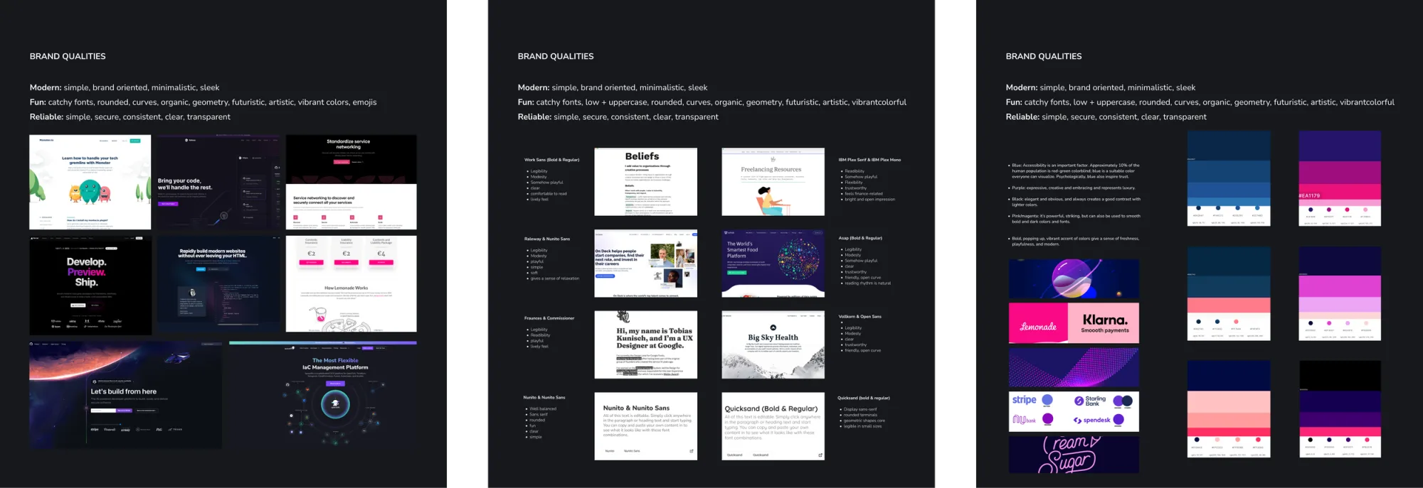 Three moodboard panels headed Brand qualities - modern, fun, reliable - collecting reference websites, typography pairings and colour directions.