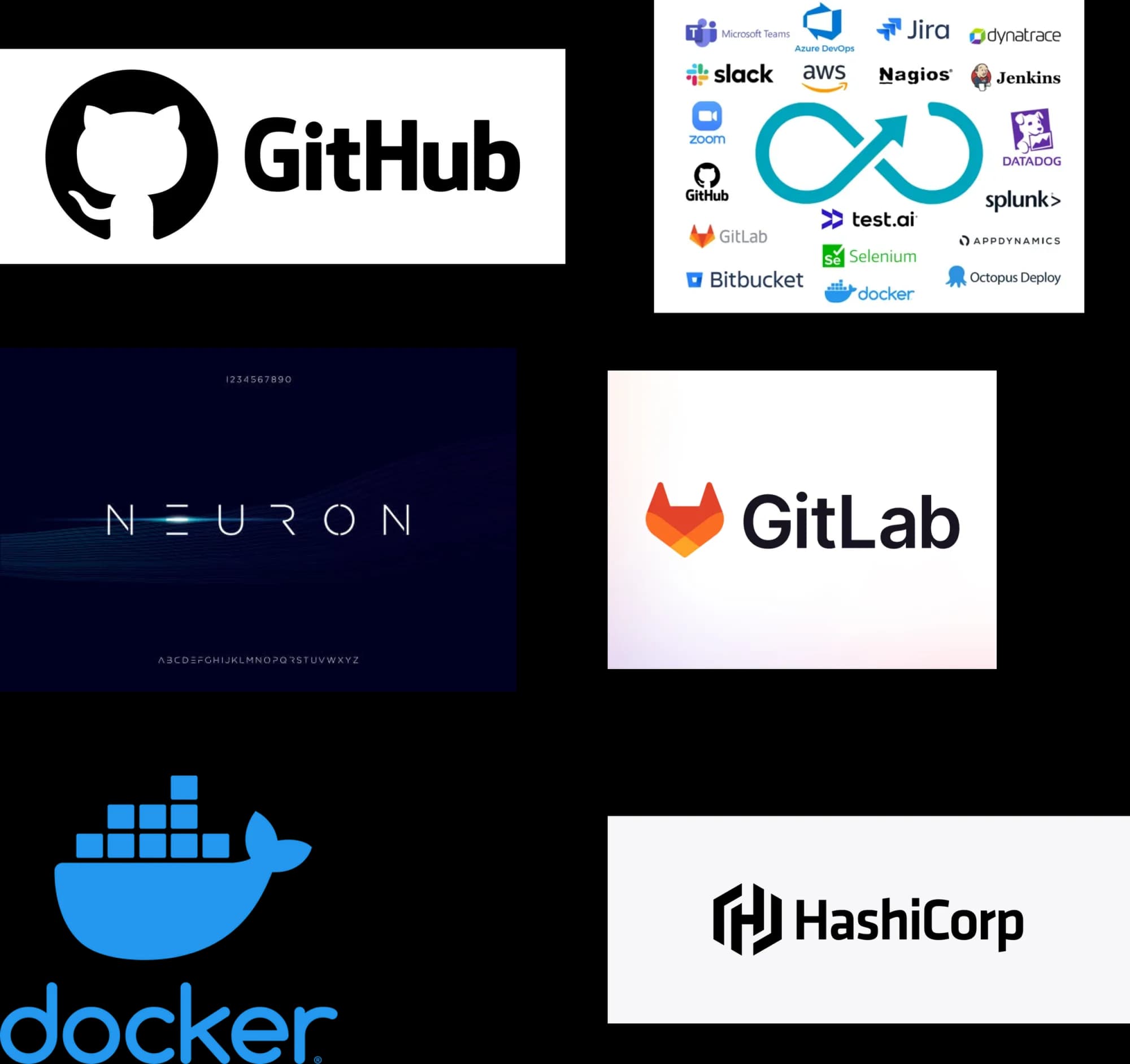 Visual research board of developer-tool branding - GitHub, GitLab, Docker, HashiCorp and a wall of DevOps logos - next to the Neuron display typeface.