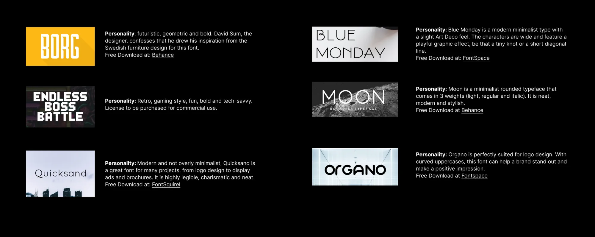 Typeface shortlist with personality notes for Borg, Endless Boss Battle, Quicksand, Blue Monday, Moon and Organo.