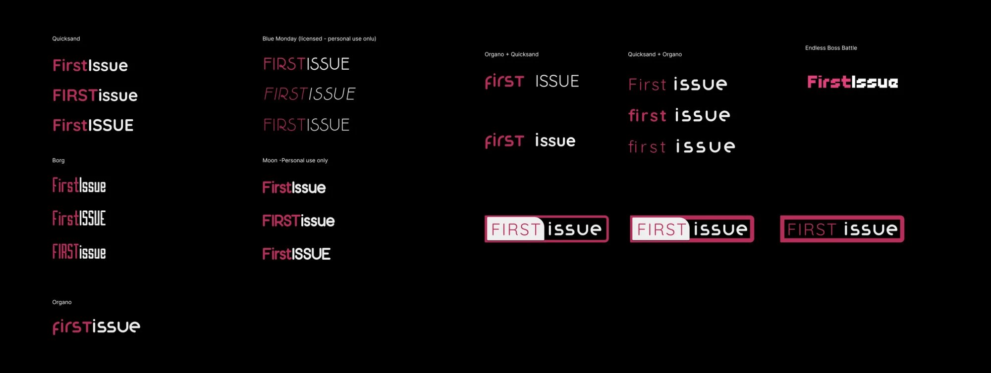 Wordmark explorations setting First Issue in each candidate typeface, ending in boxed magenta and white lockups.